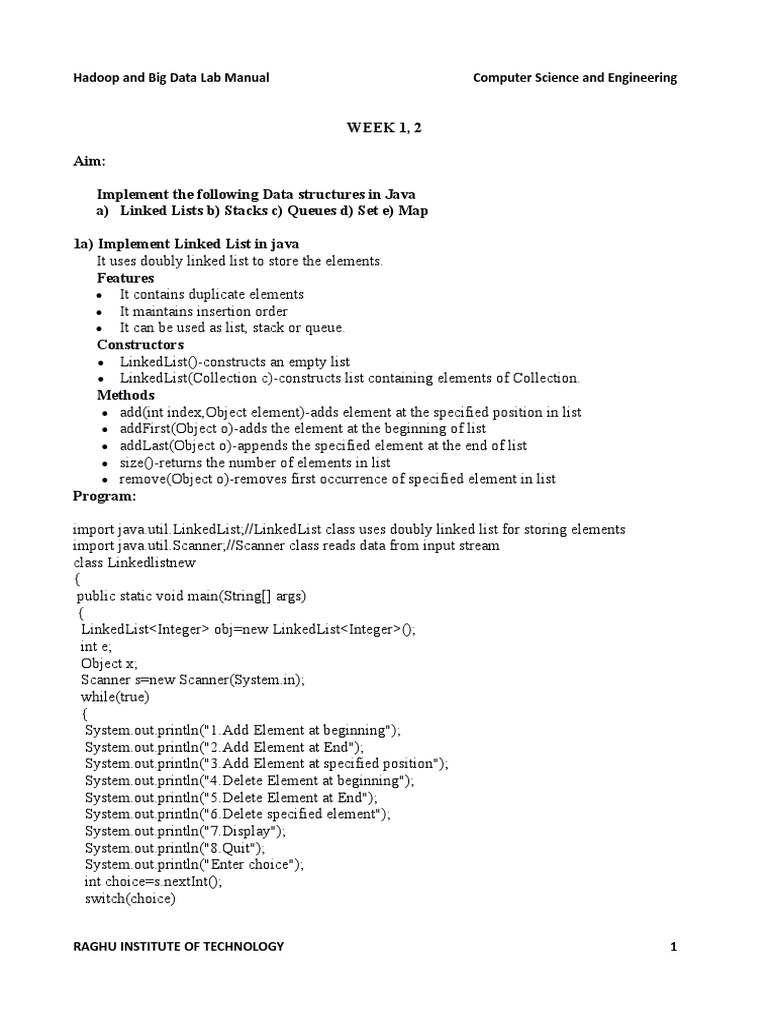 Implementing Common Data Structures in Java A Lab Manual on Linked
