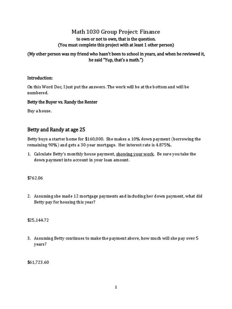 Math 1030: Buy vs. Rent Analysis | PDF | Mortgage Loan | Down Payment