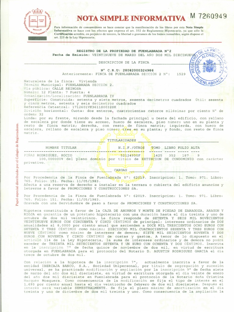 Ejemplo de Nota Simple de Vivienda | PDF | Hipoteca Comercial ...