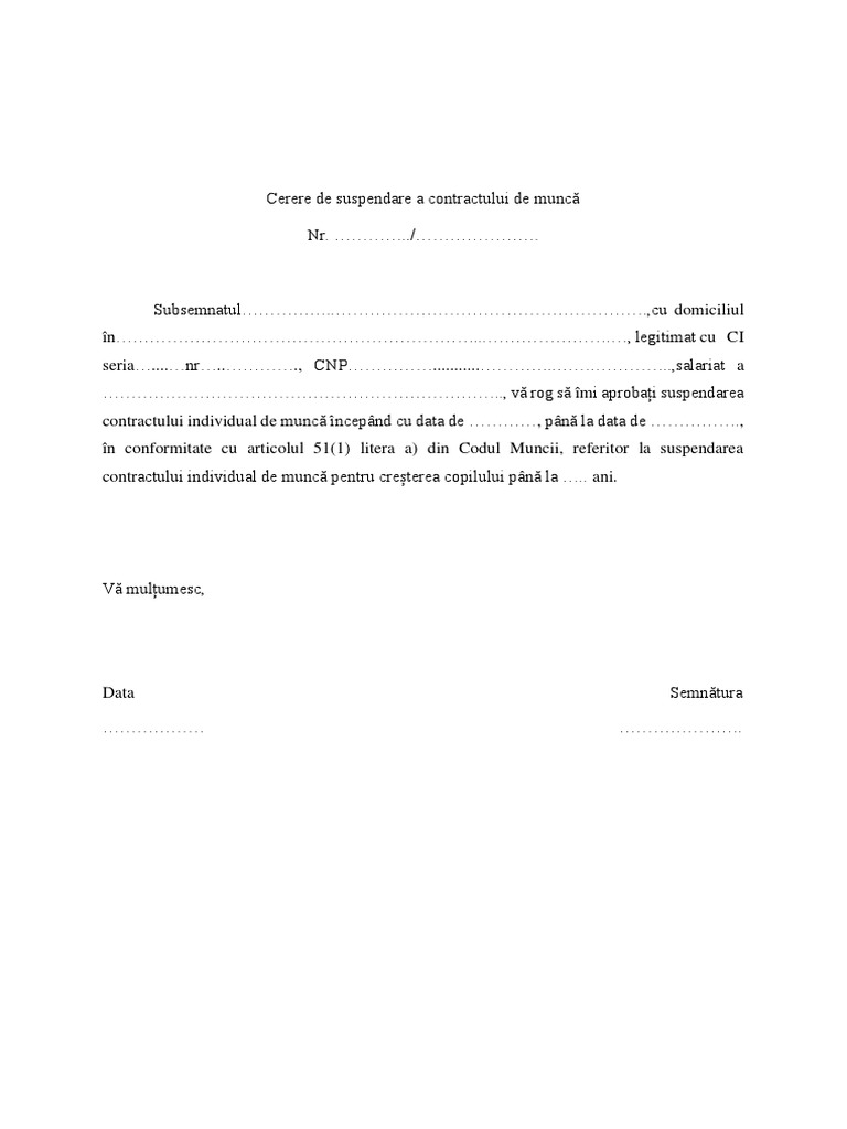 Cerere De Suspendare A Contractului Individual De Munca Pentru Concediul De Crestere A Copilului