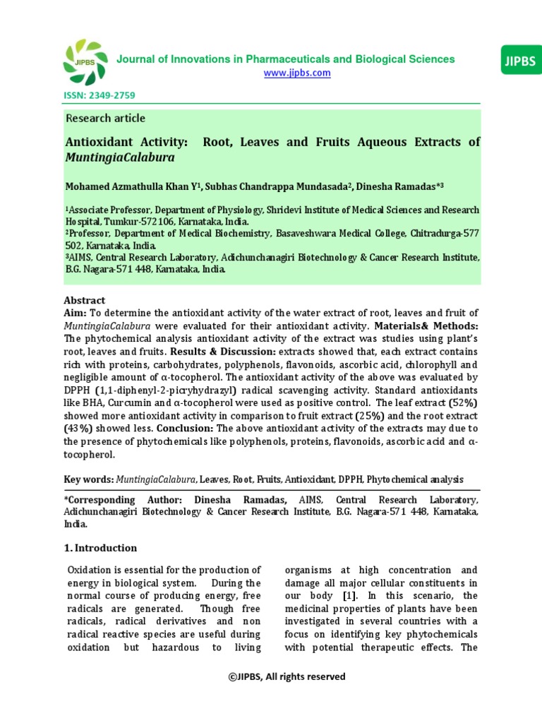 Antioxidant Activity Root Leaves and Fruits Aqueous Extracts | PDF ...