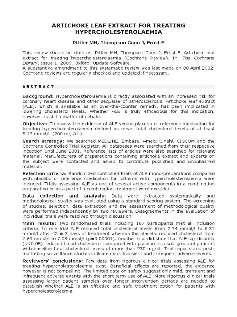 Artichoke Leaf Extract For Treating Hypercholesterolaemia PDF