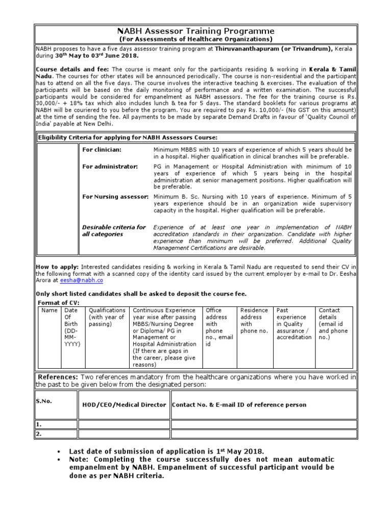 NABH Assessor Training Course Trivendrum PDF Identity Document