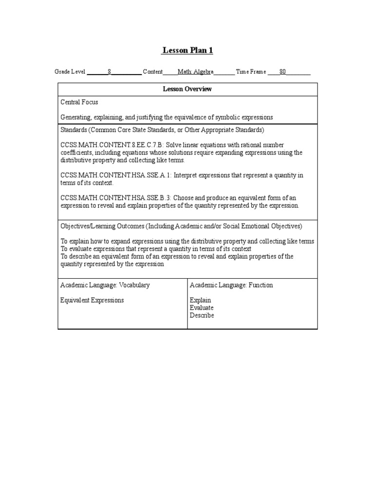 Lesson Plan 1: Grade Level - 8 - Content - Math: Algebra - Time Frame ...