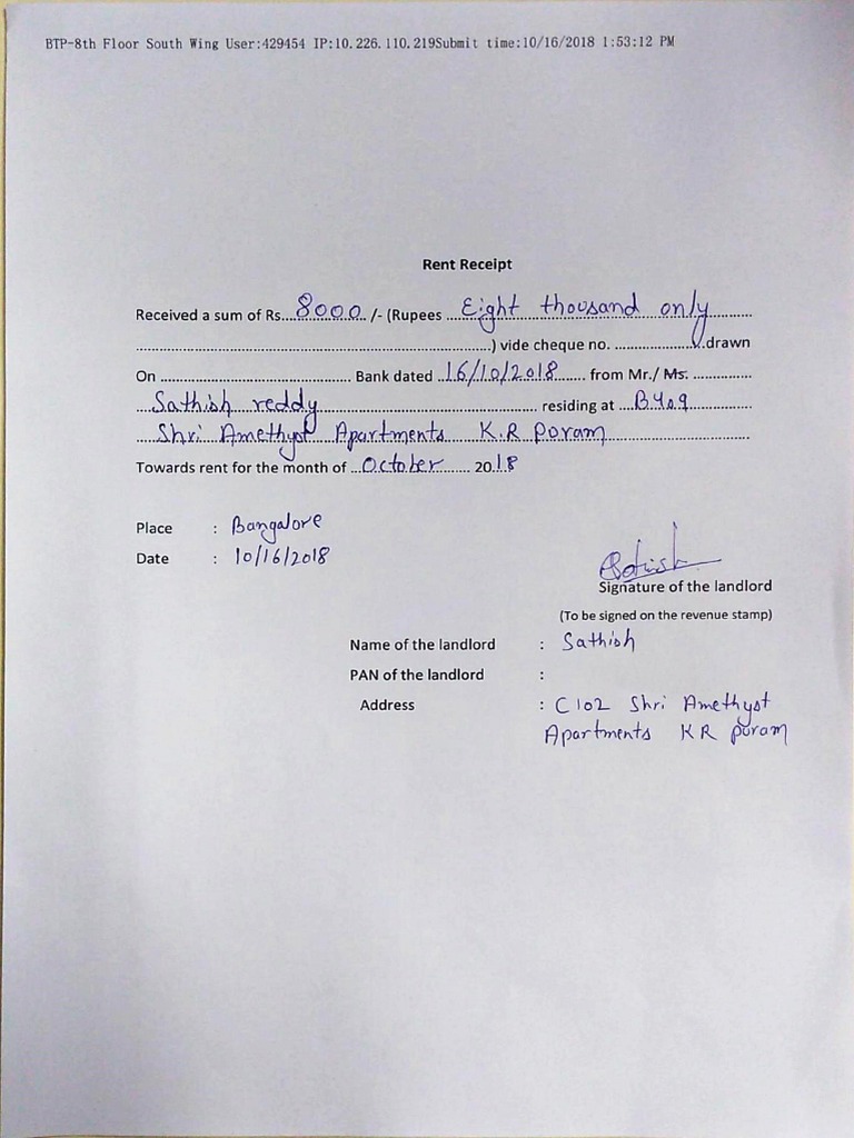 Address C Iou Fir,': Rent Receipt OQ Q. / - (Rupees ........ D .) Vide ...