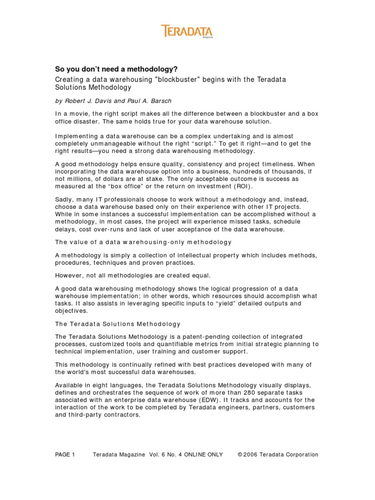 Paul Barsch Teradata Solutions Methodology | PDF | Data Warehouse ...