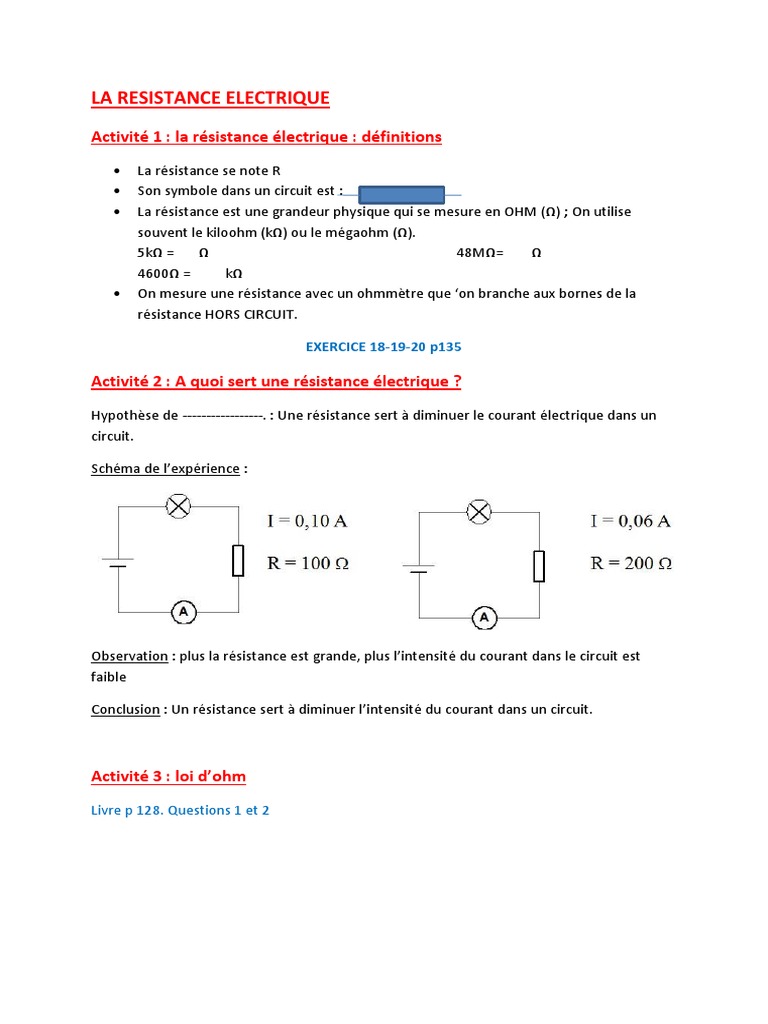 L intensité Du Courant électrique 4ème Exercice En Ligne La Loi D Ohm | PDF | Résistance (électricité) | Tension électrique