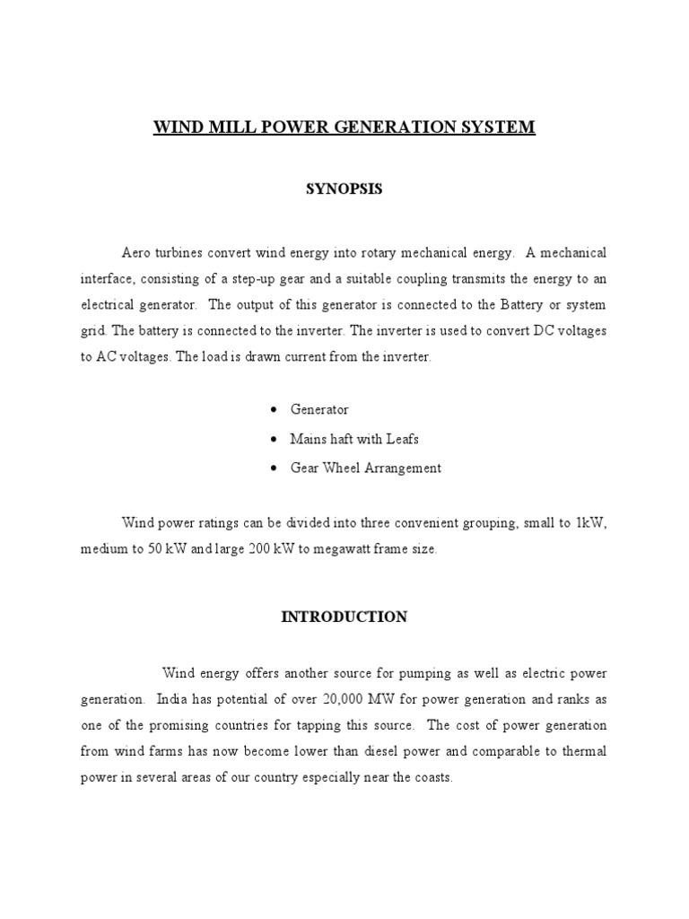 Wind Mill Power Generation System: Synopsis | PDF | Propeller | Wind Power