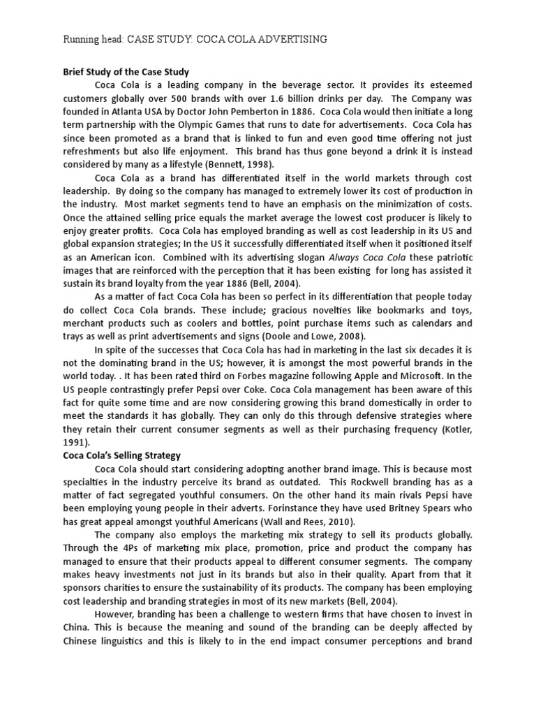 Case Study On Coca-Cola Company Advertis | PDF | Coca Cola | Brand