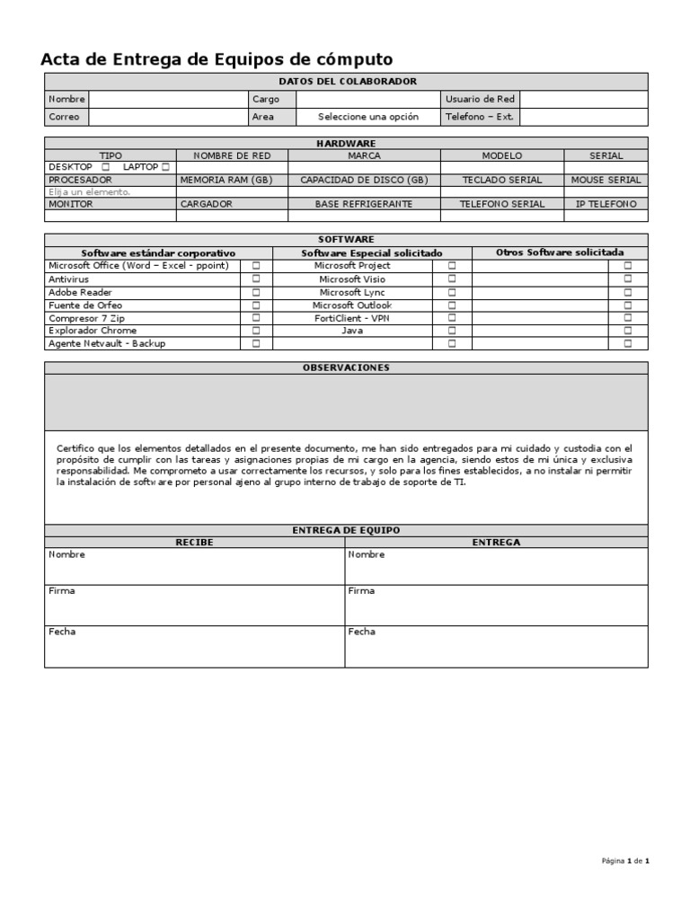 Acta de Entrega de Equipos de Cómputo | PDF | Microsoft | Hardware de ...