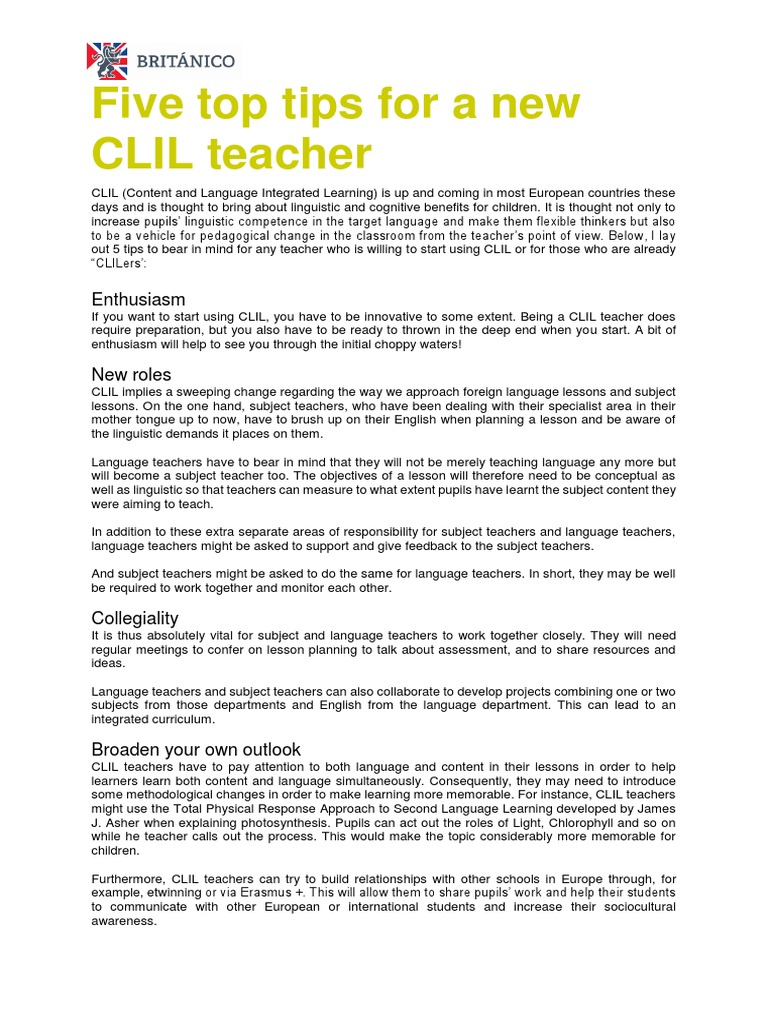 Five Top Tips For A New Clil Teacher Pdf Teachers Pedagogy
