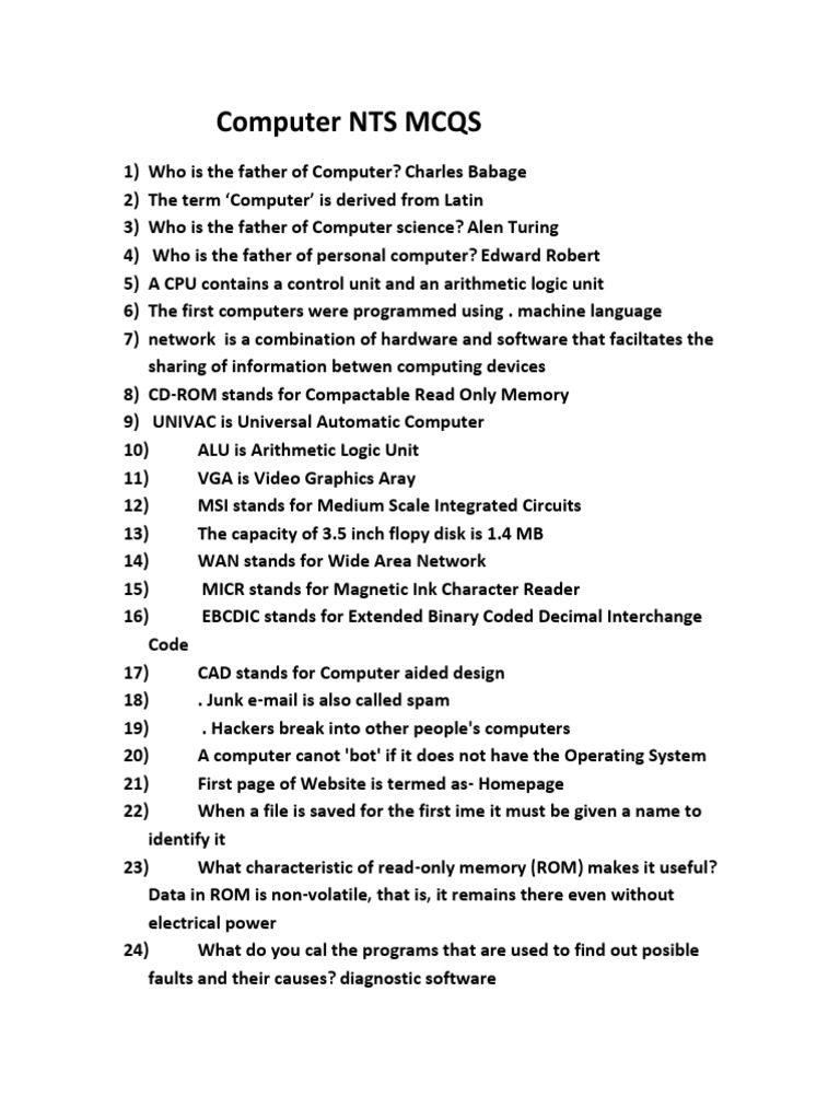 Computer NTS MCQS Download Free PDF Random Access Memory Floppy Disk