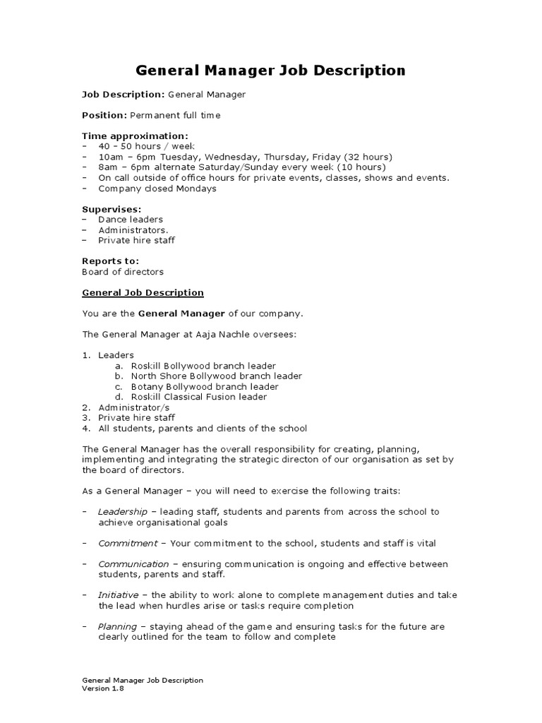General Manager Role at Dance School | PDF | Leadership | Board Of ...