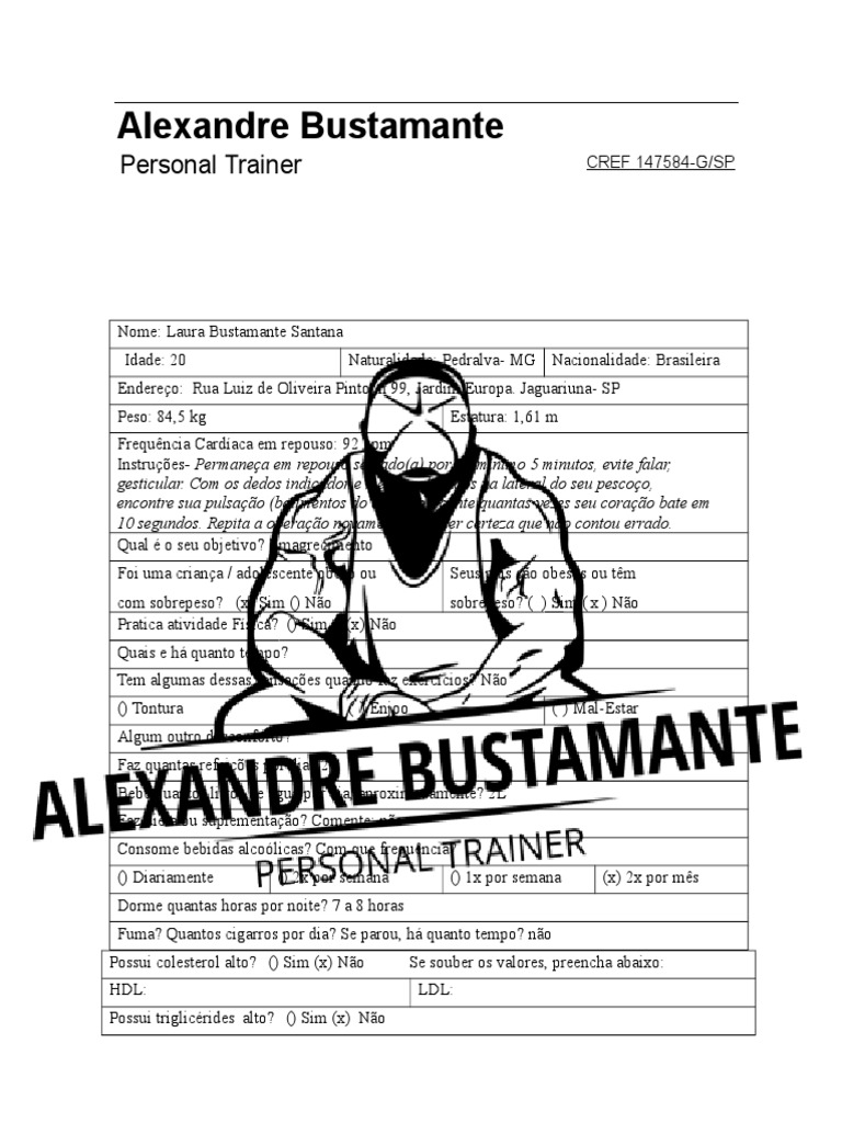 Modelo de Anamnese Personal Trainer - seusite.com  seunome@seusite.com -   90000 - Seu nome - Studocu