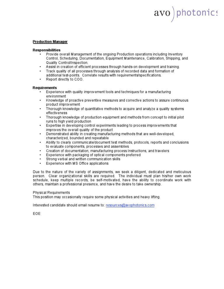 Production Manager Job Description | PDF | Career & Growth