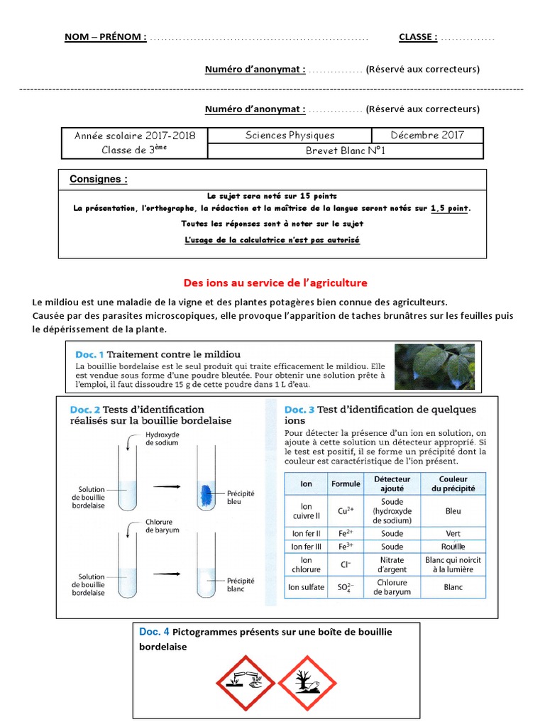 Toutes Les Formules De Physique Chimie 3eme Pdf Brevet Blanc N°1 Physique - 2017 2018 | PDF | Ph | Ion