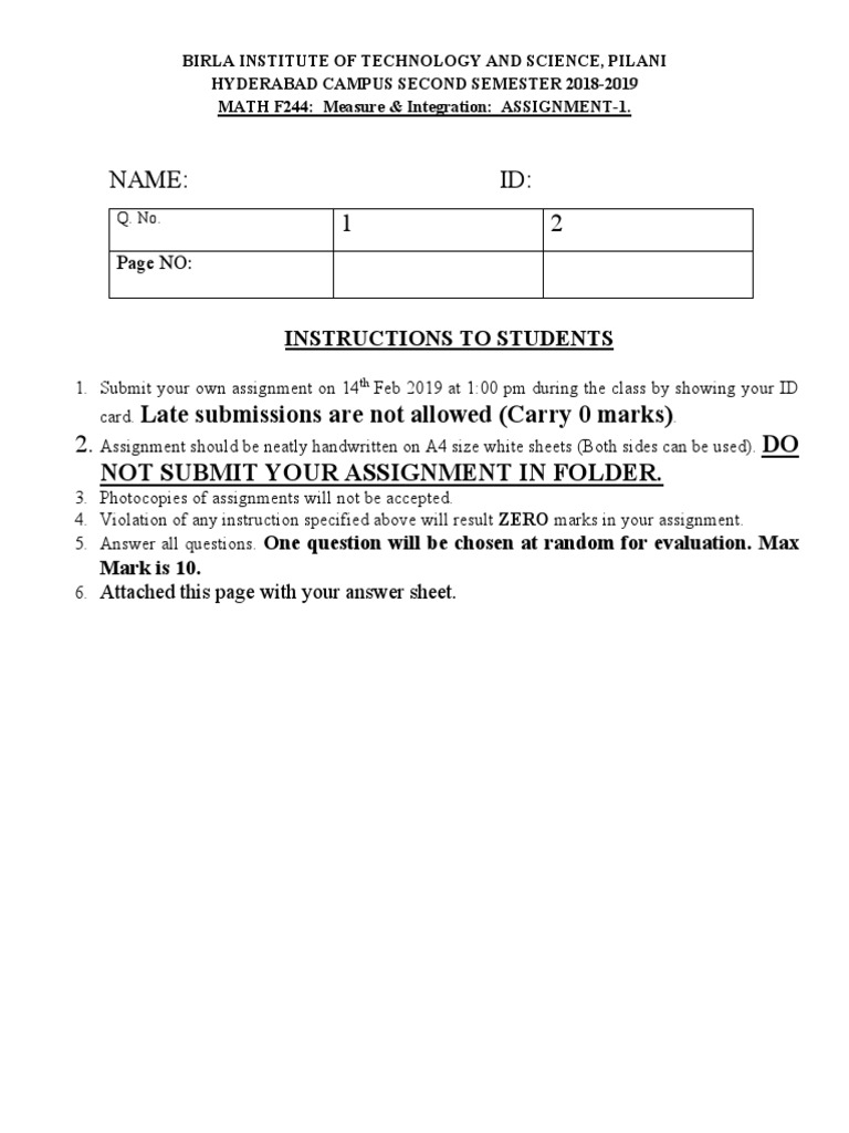 BITS Pilani Math F244 Assignment 1 | PDF