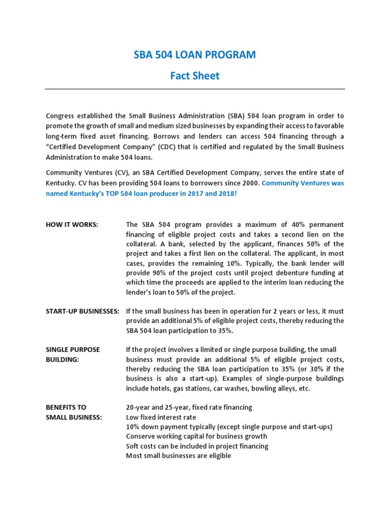 Sba 504 Loan Program Fact Sheet 4.2.19 | Small Business Administration ...