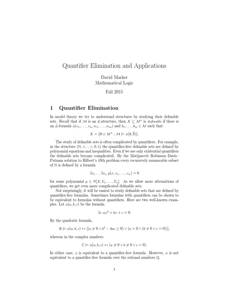 Quantiﬁer Elimination in Model Theory | PDF | Field (Mathematics ...