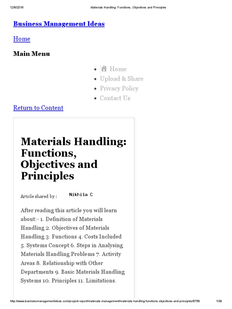 Materials Handling Functions, Objectives and Principles PDF Production And Manufacturing