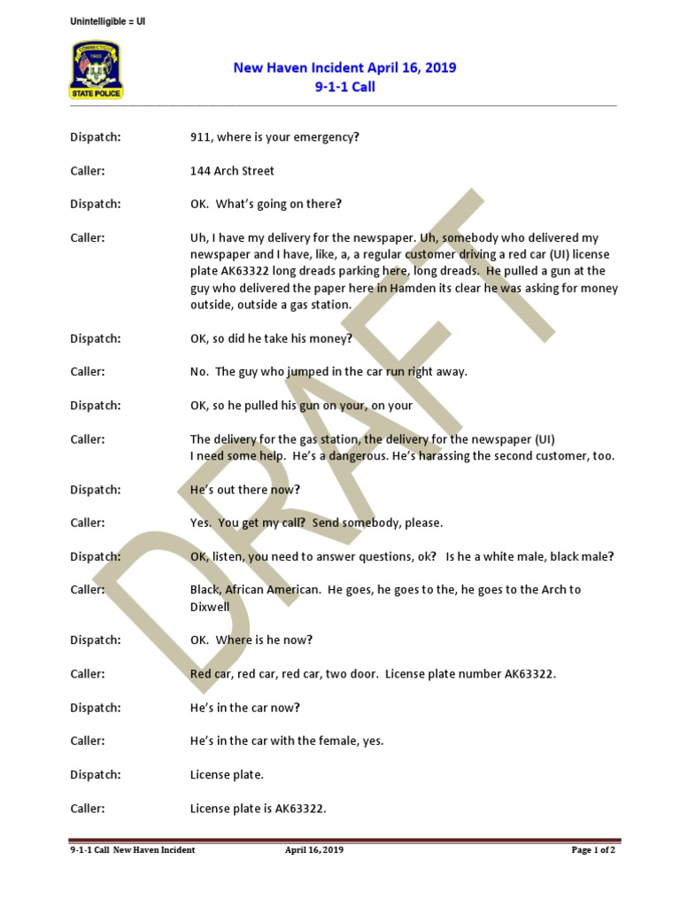 New Haven 9-1-1 Call Transcript | PDF | 9 1 1 | Violence