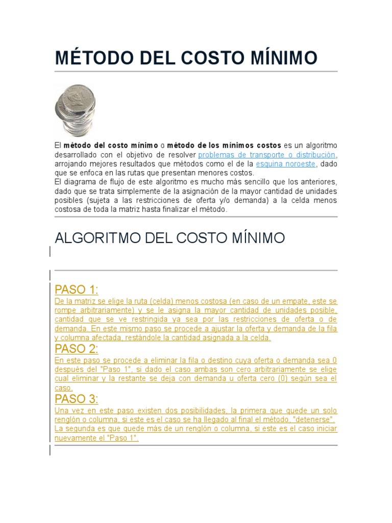 Método de Costo Mínimo en Transporte | PDF | Algoritmos | Programación ...