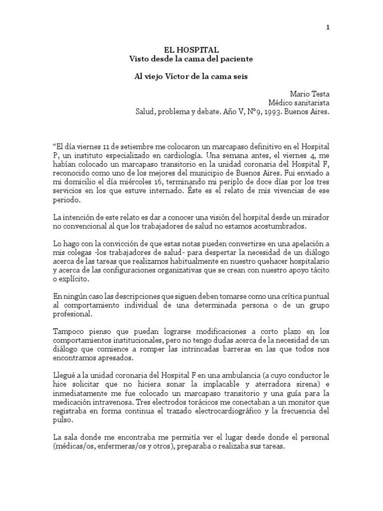 Mario Testa. Experiencia Como Paciente | PDF | Hospital | Enfermería