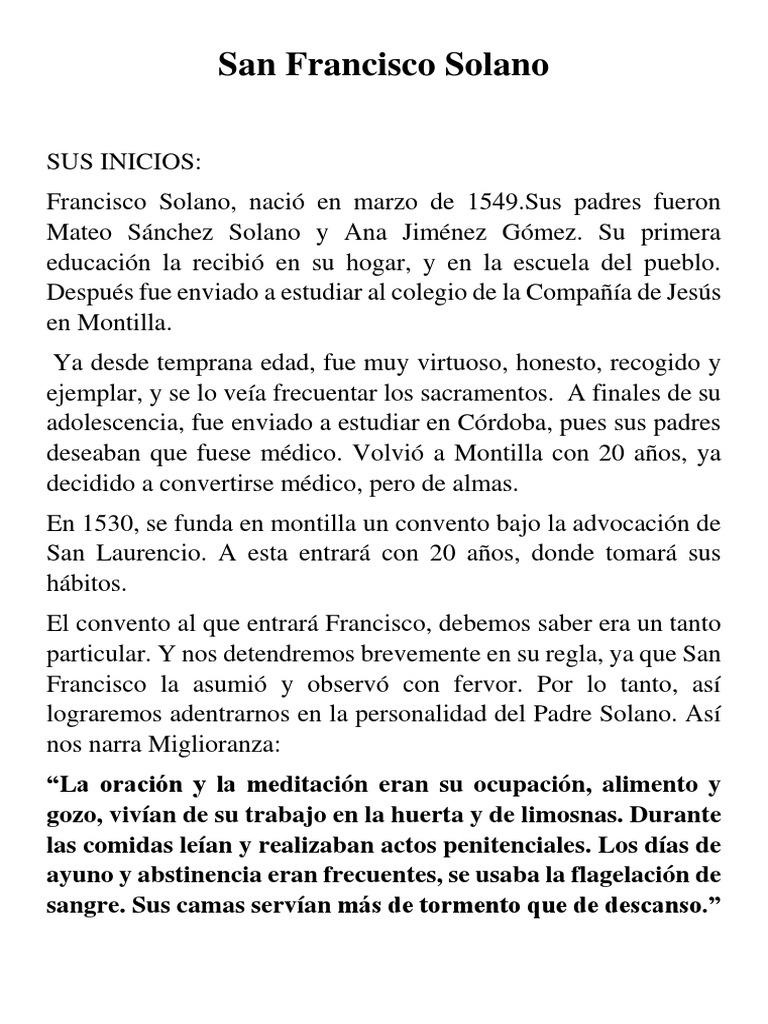 San Francisco Solano (Resumen) | PDF | Santo | Comportamiento religioso y  experiencia