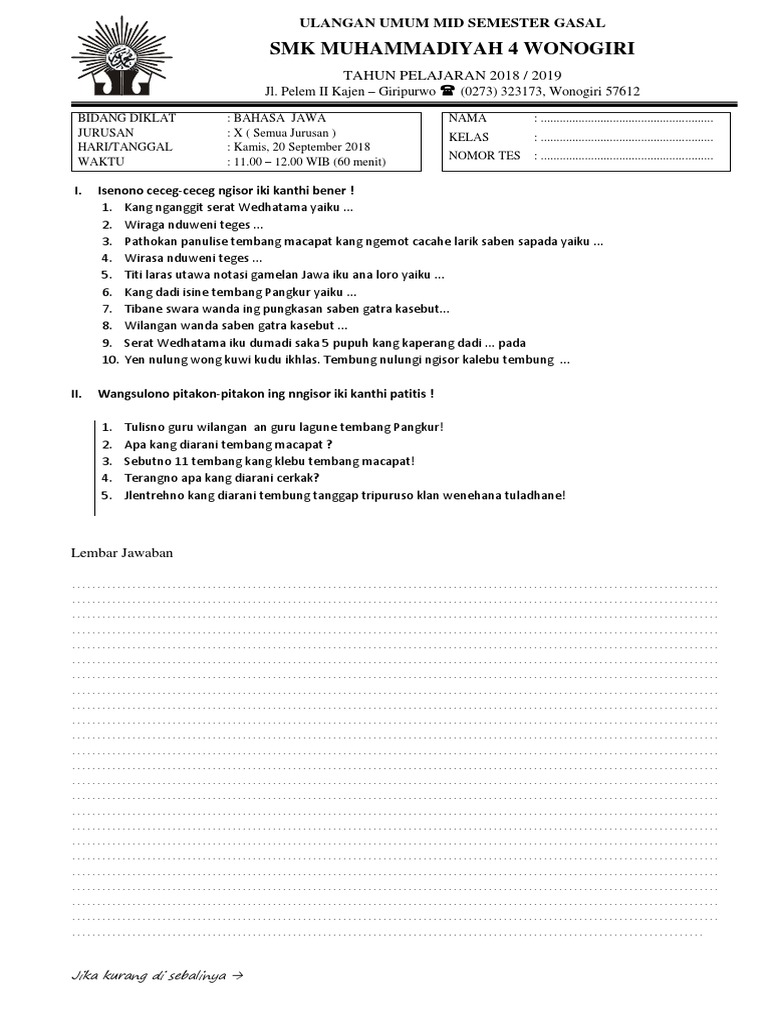 Bahasa Jawa X Soal Pts 18 19
