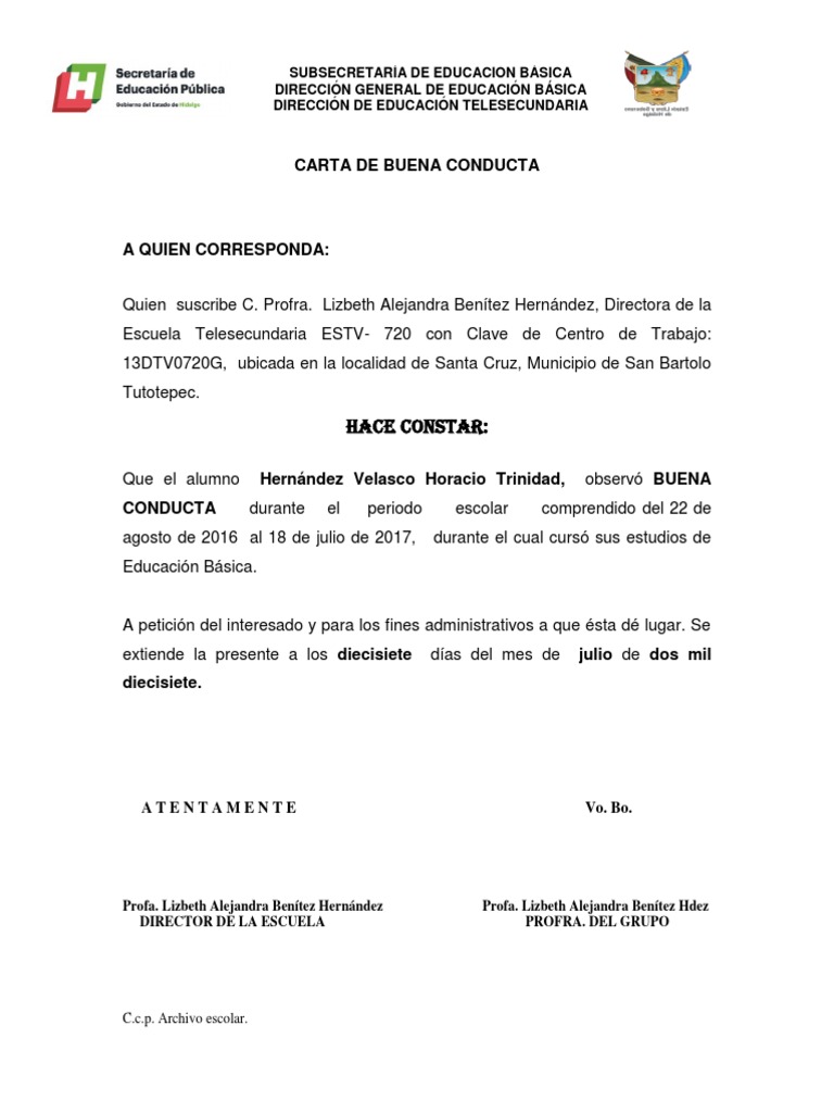 Carta de Buena Conducta PDF Educación Secundaria Etapas educativas