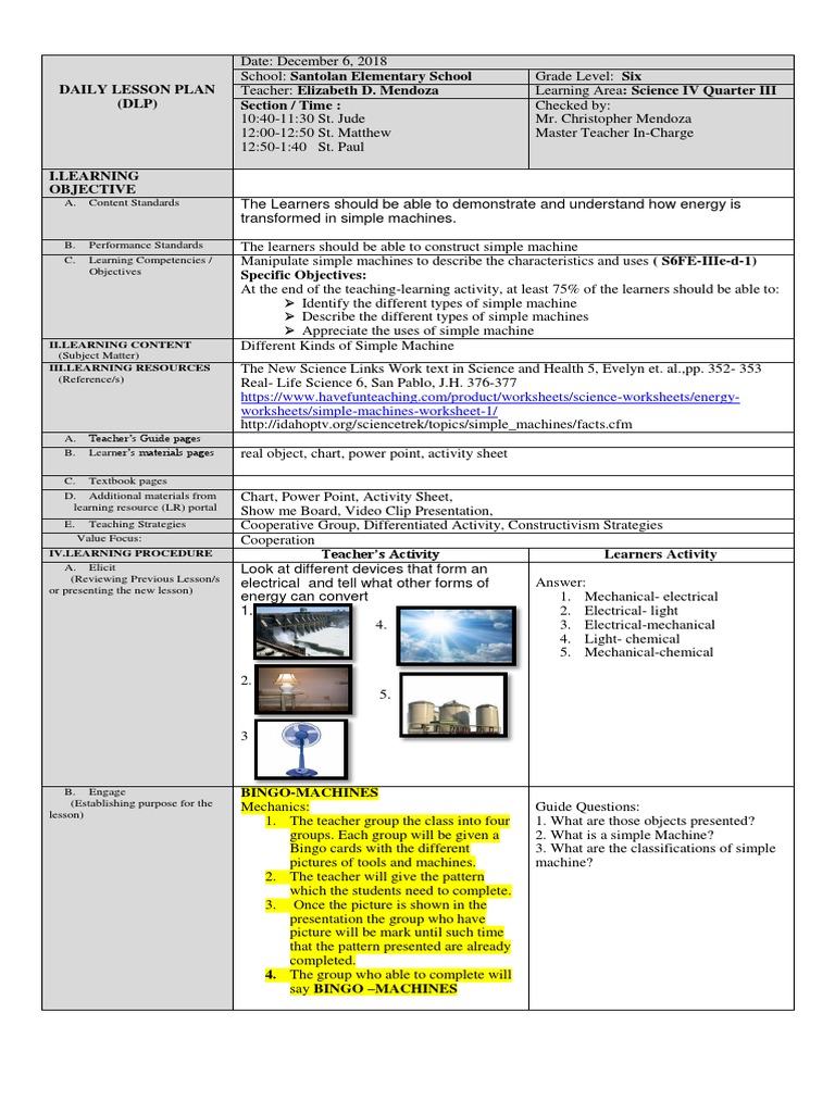 Grade 6 Simple Machines Lesson Plan | PDF | Machines | Teachers