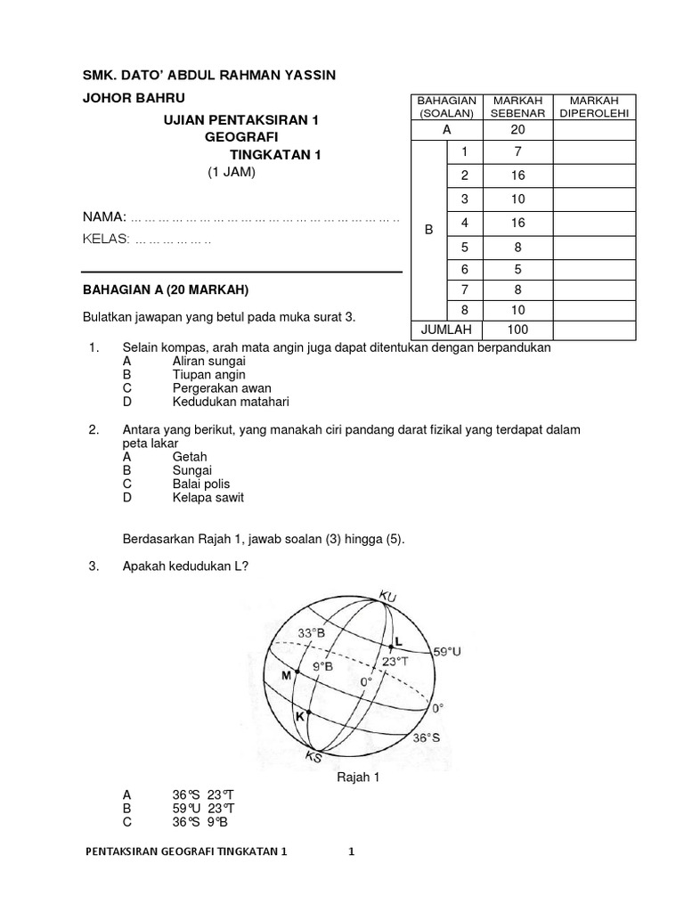 Smk Dato Abdul Rahman Yassin Johor Bahru Ujian Pentaksiran 1 Geografi Tingkatan 1 Pdf