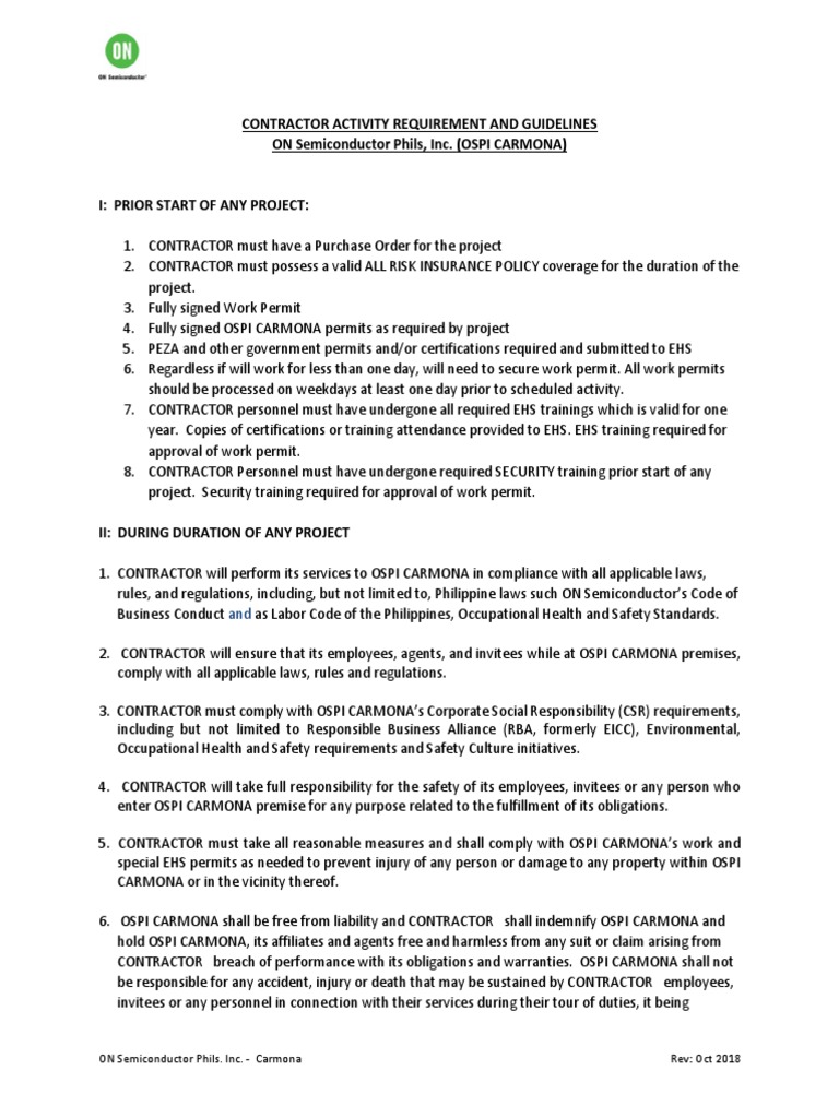 Contractor Activity Requirement and Guidelines Oct 2018 | PDF | Safety ...