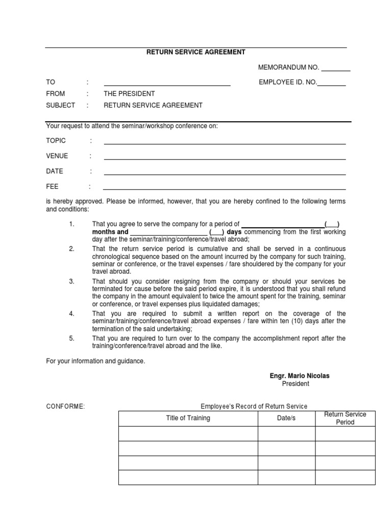Return Service Agreement for Employees | PDF | Government | Justice