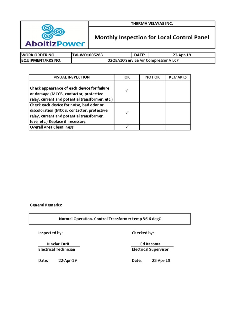 Monthly Local Control Panel Inspection | PDF | Electrical Components ...