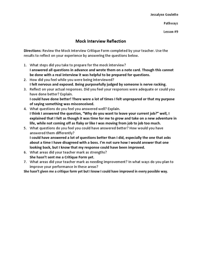 Lesson 9 Mock Interview Reflection