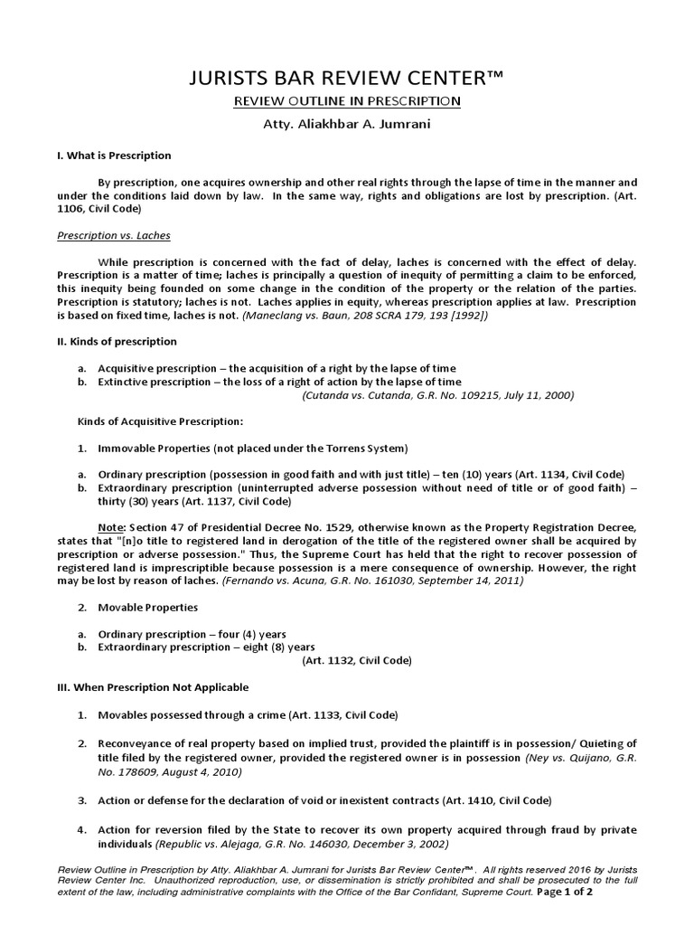 Civil Law Prescription Review PDF Laches (Equity) Statute Of