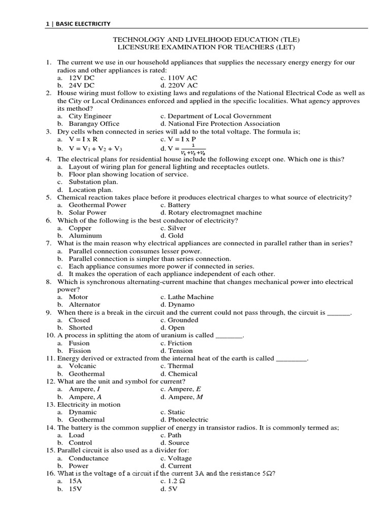 Basic Electricity Questions PDF Volt Electric Current