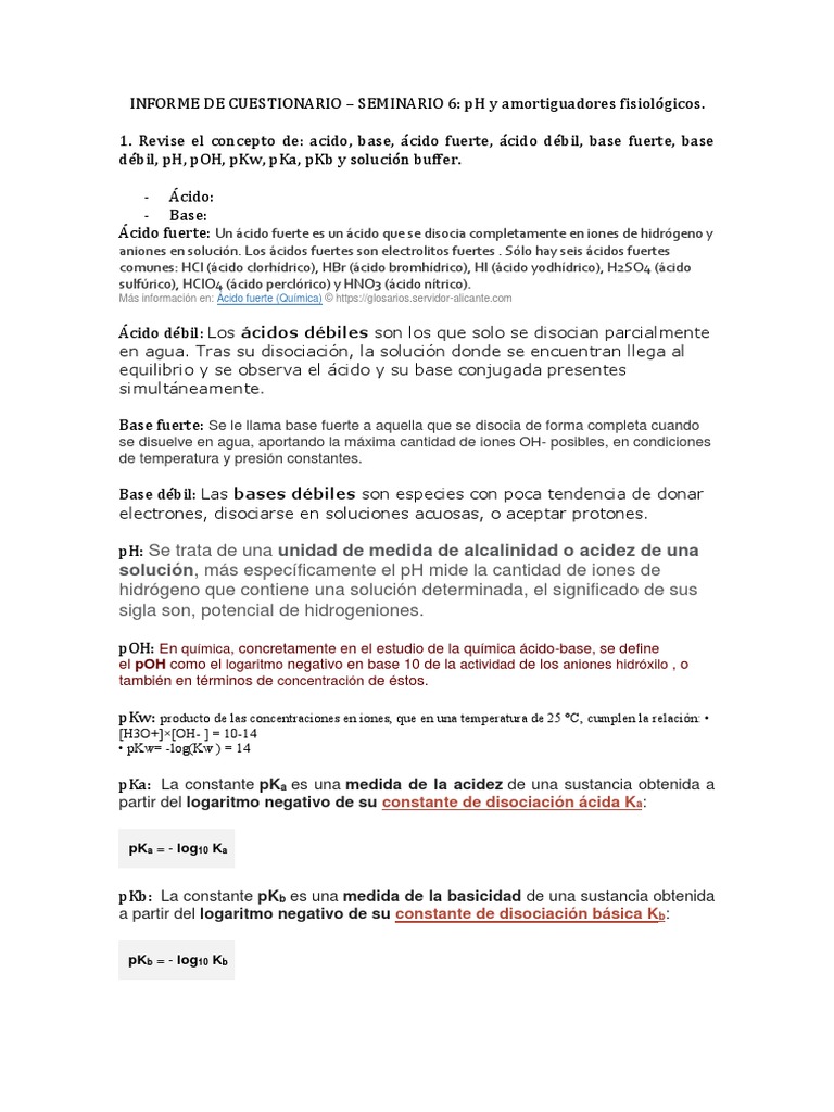 Informe De Cuestionario Seminario 6 Pdf Acido Electrolito