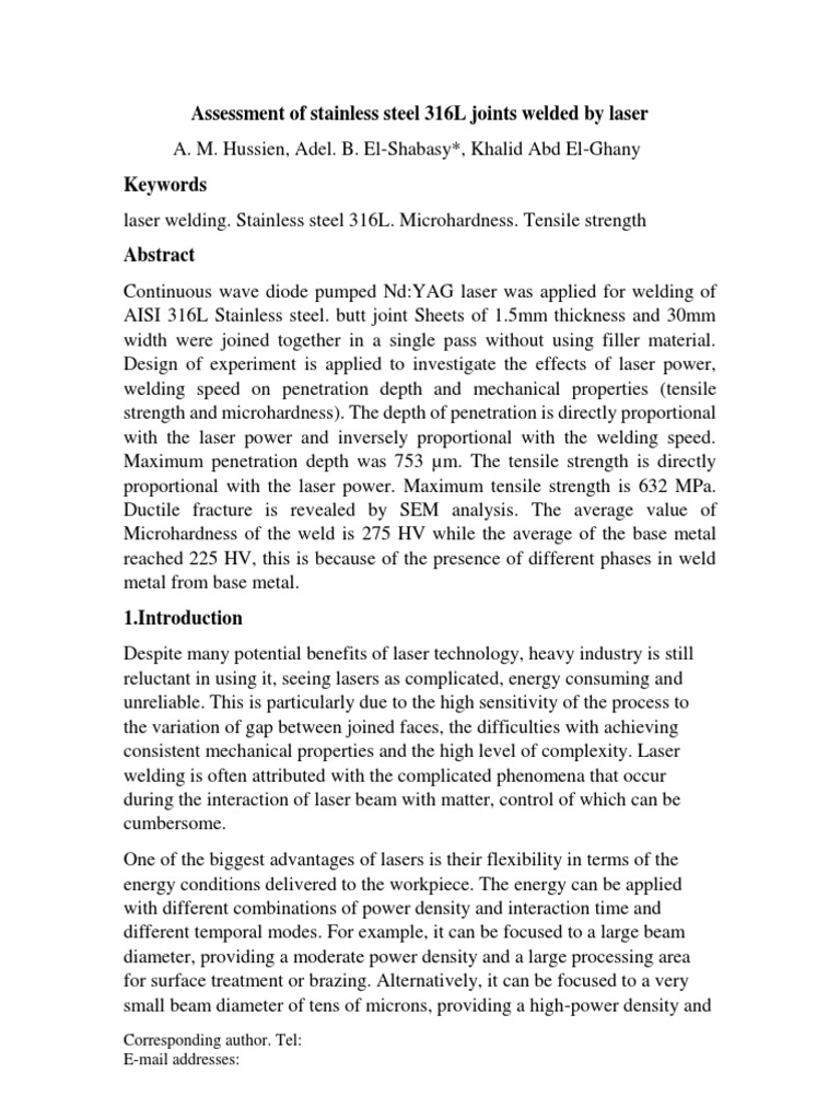 Assessment of Stainless Steel 316L Joints Welded by Laser Corresponding Author. Tel EMail