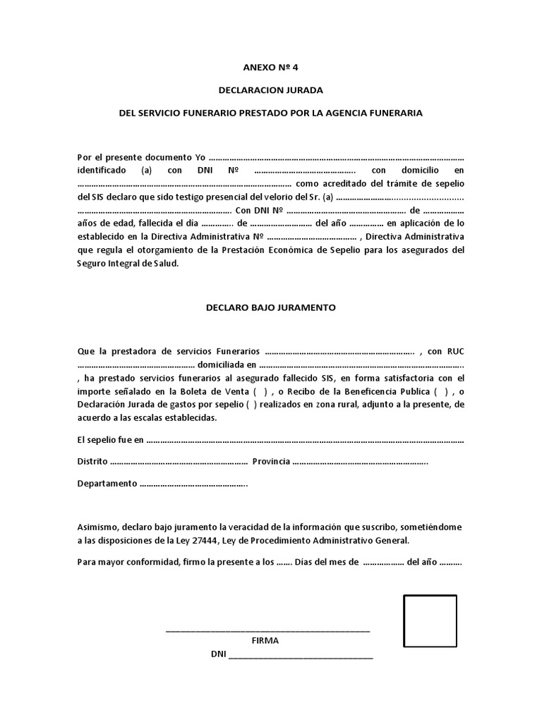 Declaracion Jurada de Servicio Funerario | PDF