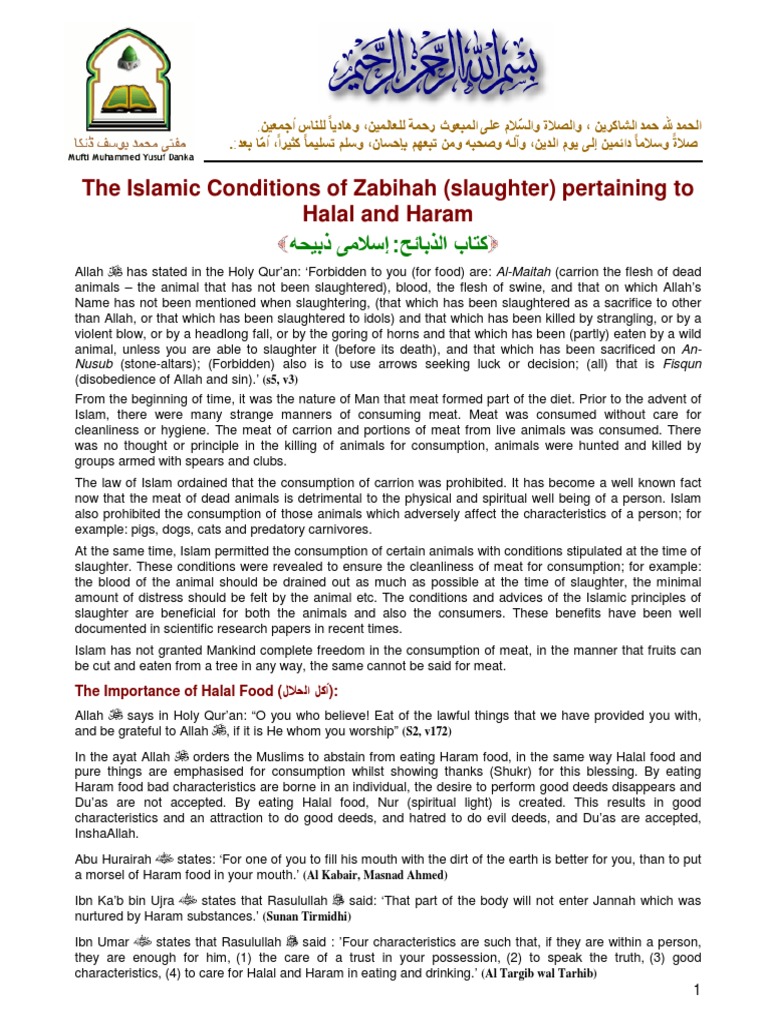 The Islamic Conditions of Zabihah Slaughter Pertaining To Halal and Haram PDF Animal