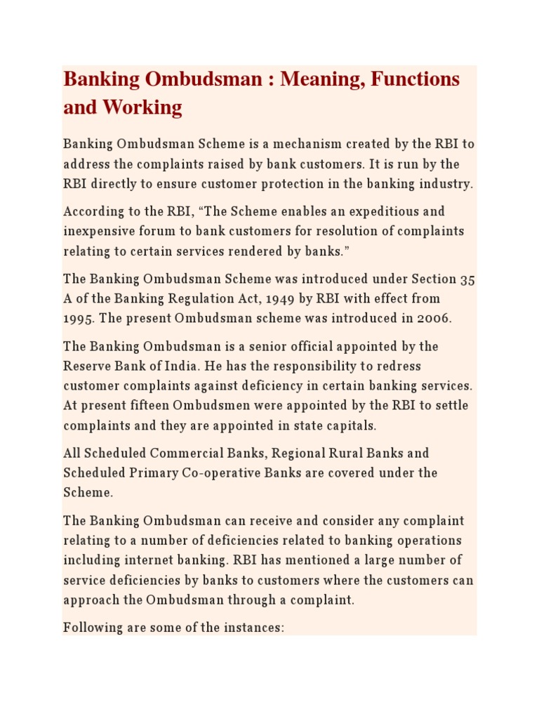 Banking Ombudsman Meaning, Functions and Working PDF Reserve Bank