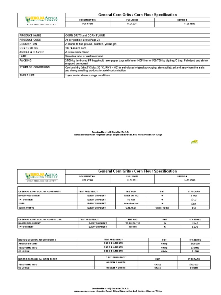 General Corn Grits / Corn Flour Specification Download Free PDF Diet (Nutrition) Diet
