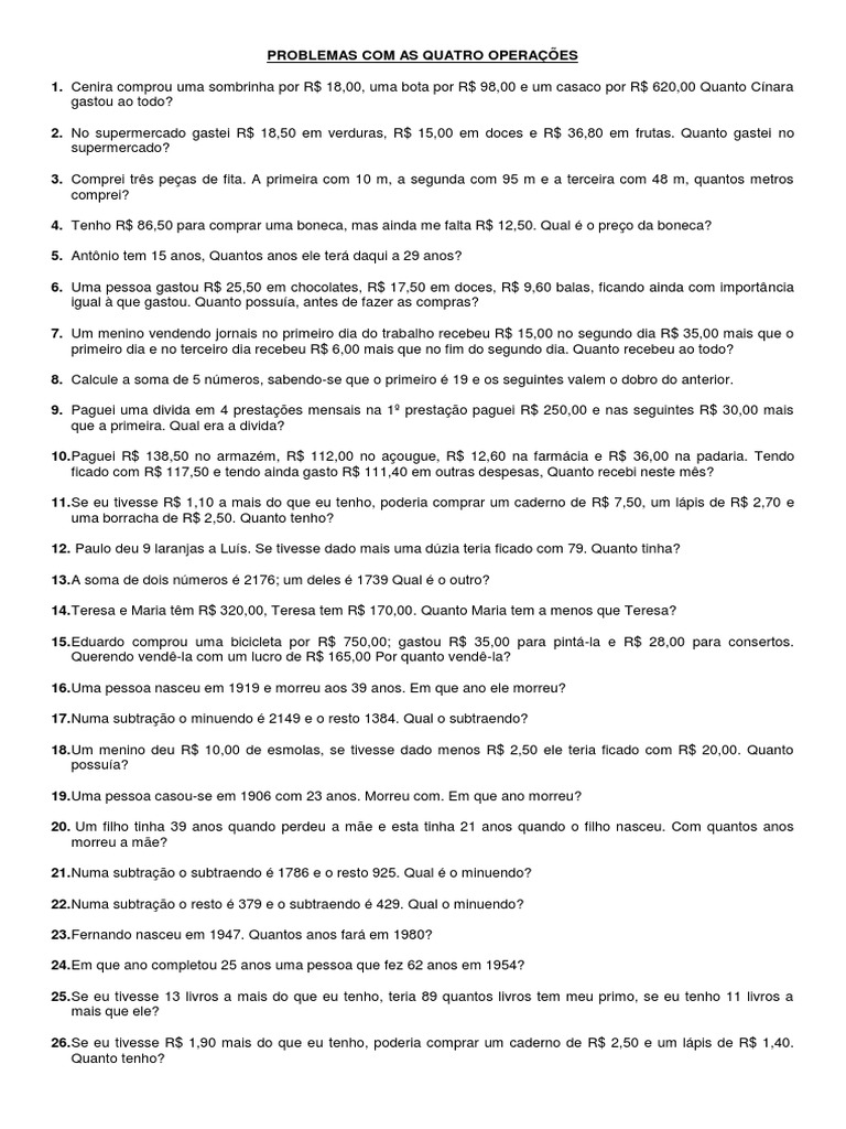 6º - Ano - Problemas Com As Quatro Operações - 15!04!19 | PDF | Ensino ...