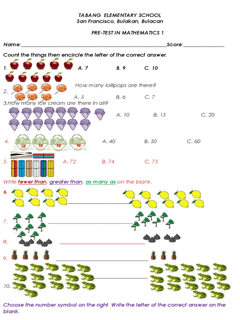 Math Pre-Test for Grade 1 Students | PDF
