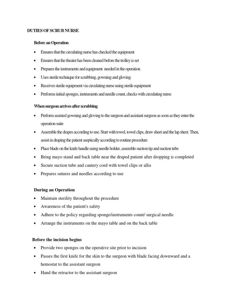 Scrub Tech Duties And Responsibilities List