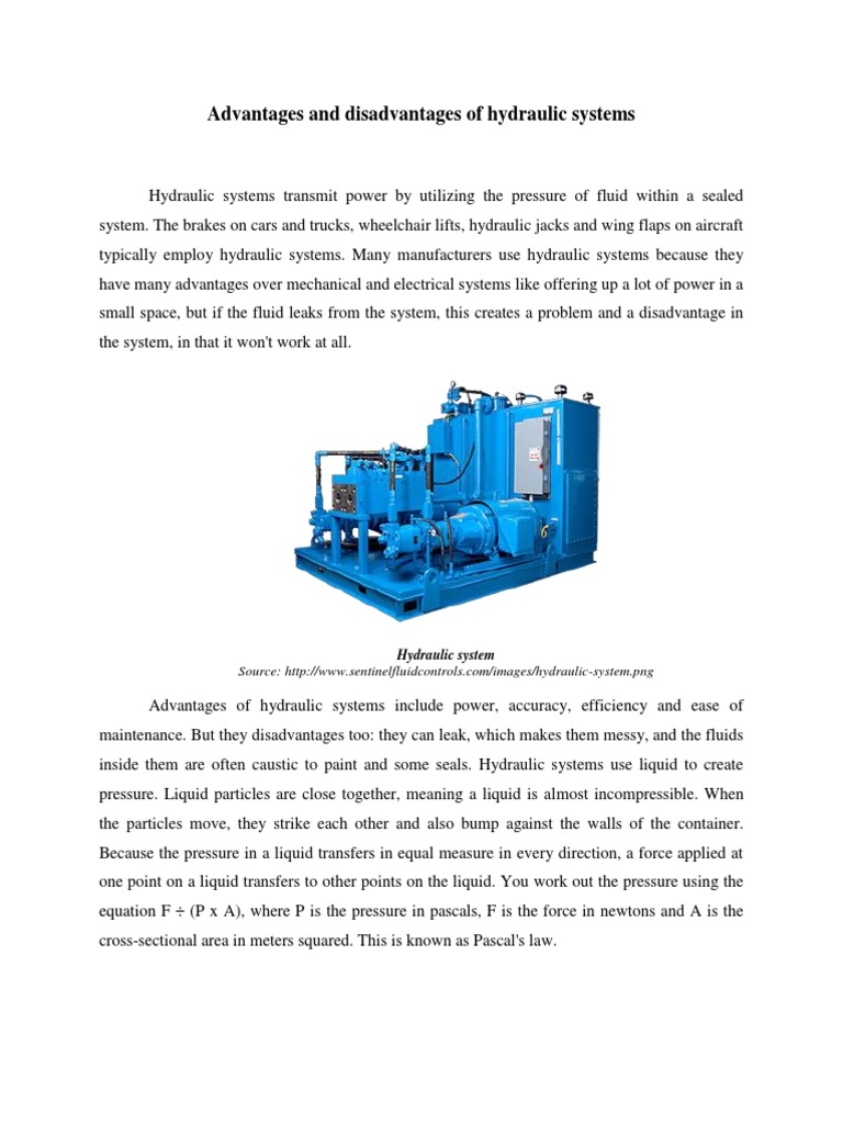Advantages and Disadvantages of Hydraulic Systems PDF Pressure