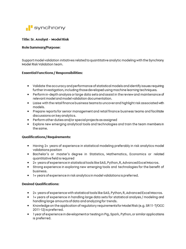 Sr. Analyst - Model Risk | PDF