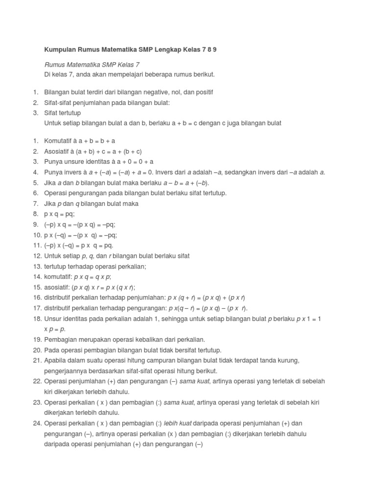 Kumpulan Rumus Matematika Kelas 7 8 9 Smp